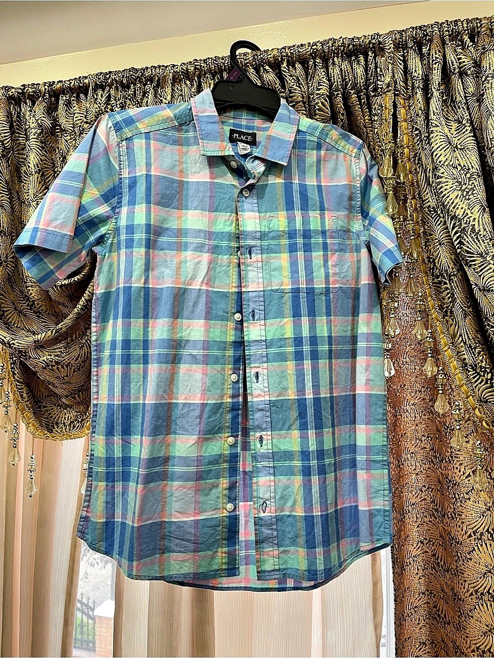 PLACE kids Plaid Short Sleeve Shirt in Blue & Green